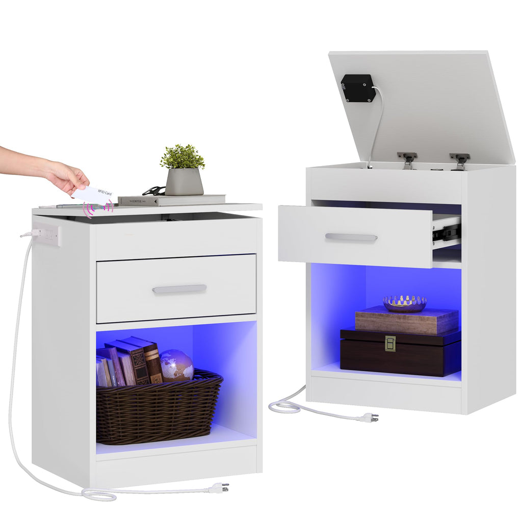 Auromie Nightstand with Charging Station and LED Lights, Concealment Furniture with RFID Lock Cabinet and Power Outlets, Bedside Table with Hidden Compartment for Valuables Storage, Black