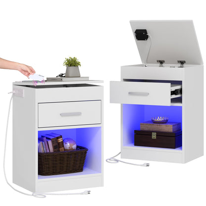 Auromie Nightstand with Charging Station and LED Lights, Concealment Furniture with RFID Lock Cabinet