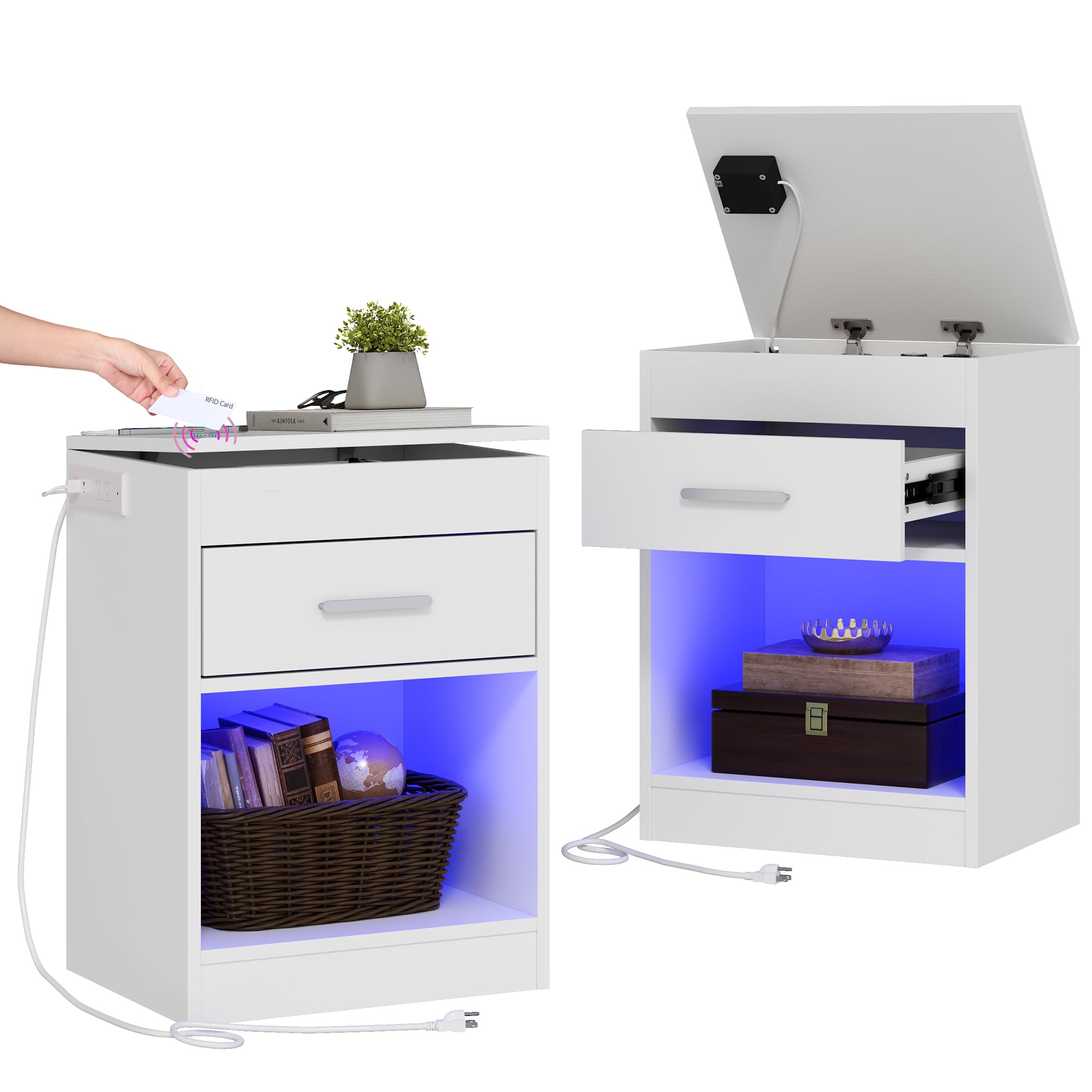 Auromie Nightstand with Charging Station and LED Lights, Concealment Furniture with RFID Lock Cabinet and Power Outlets, Bedside Table with Hidden Compartment for Valuables Storage, White