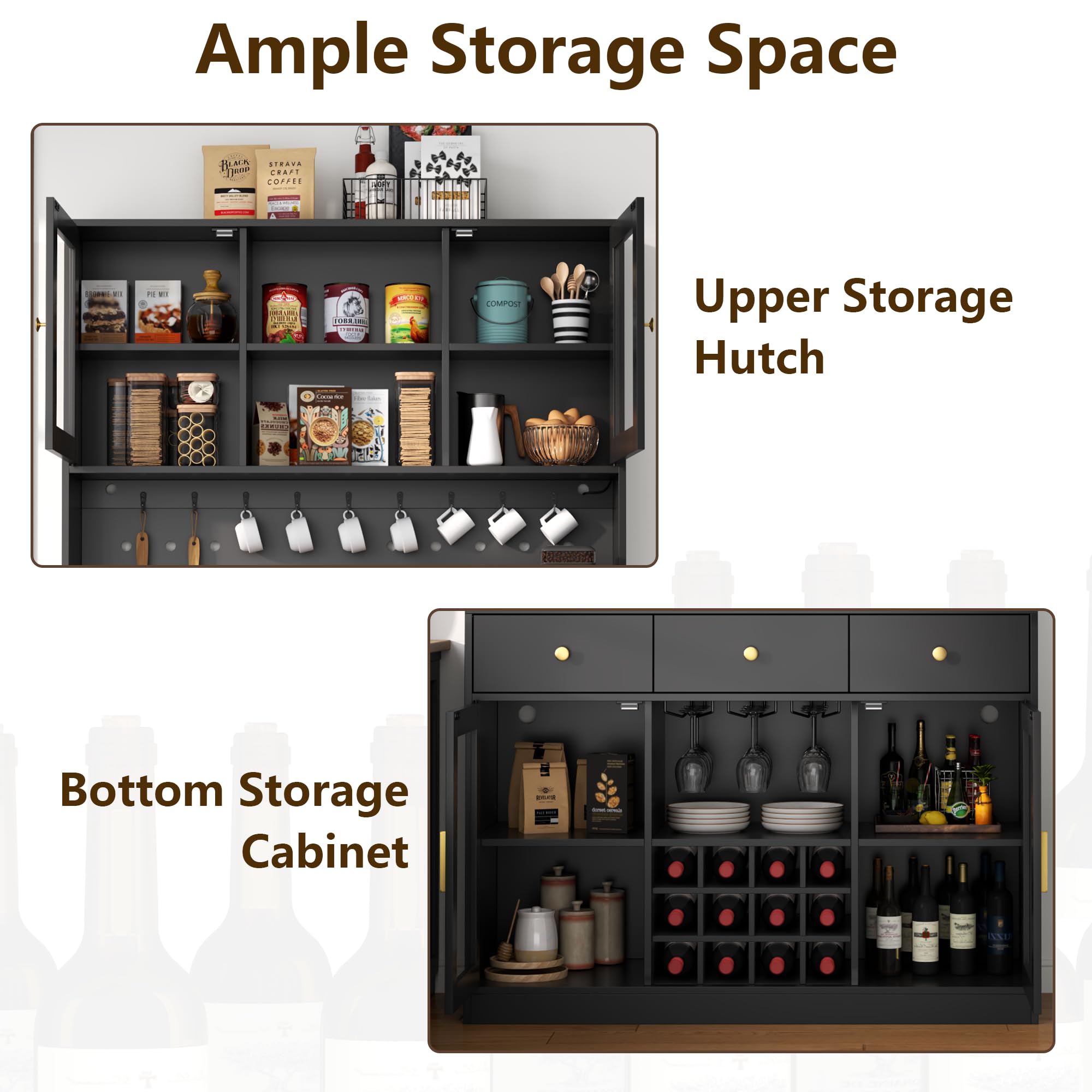 72" Tall Wine Bar Cabinet with Storage Hutch & Pegboard, Coffee Bar Cabinet with LED Lights, Modern Liquor Cabinets with 9-grid Wine & Glass Racks, Pantry Cabinet for Kitchen, Living Room (Black)