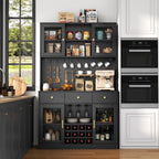 72" Tall Wine Bar Cabinet with Storage Hutch & Pegboard, Coffee Bar Cabinet with LED Lights, Modern Liquor Cabinets with 9-grid Wine & Glass Racks, Pantry Cabinet for Kitchen, Living Room (Black)