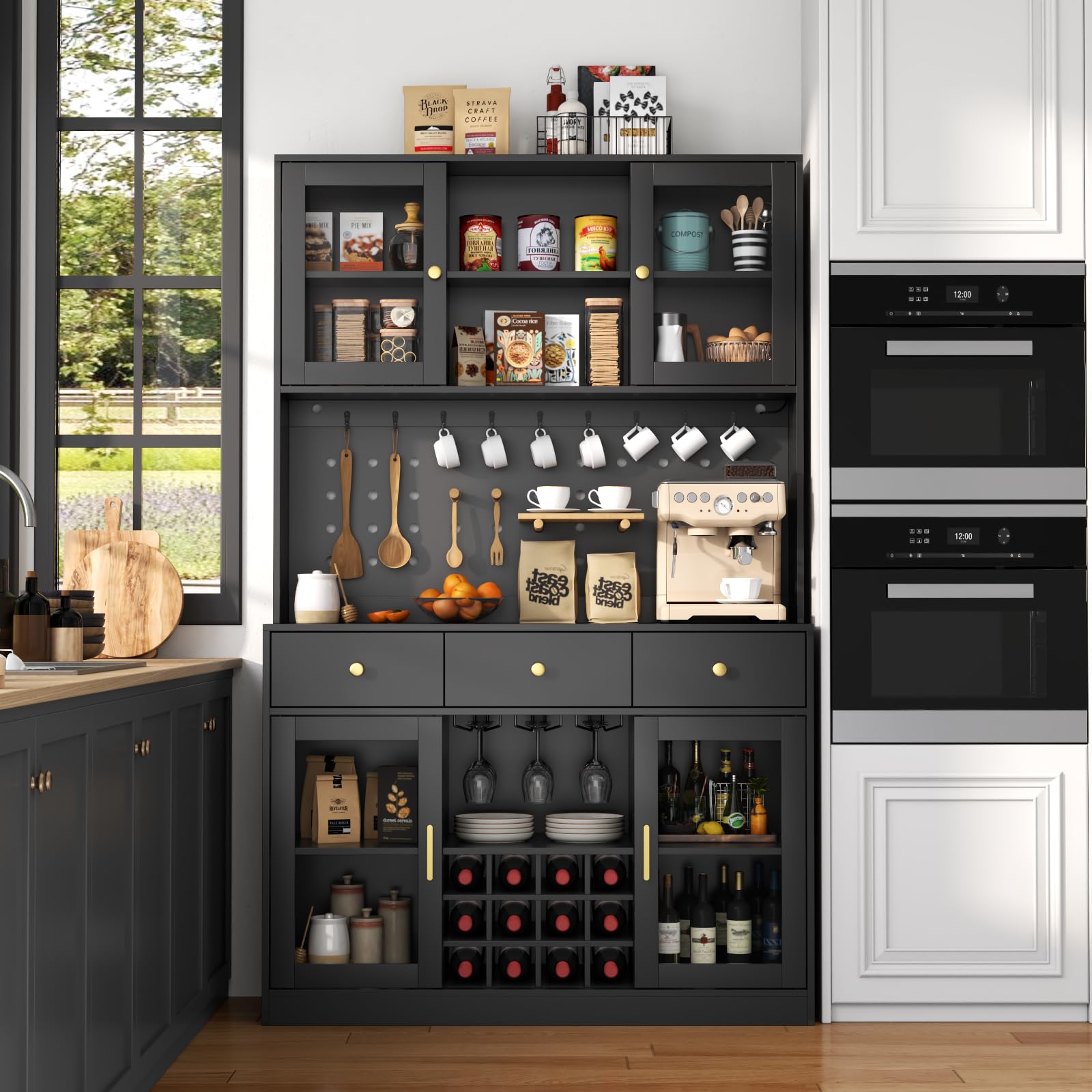 72" Tall Wine Bar Cabinet with Storage Hutch & Pegboard, Coffee Bar Cabinet with LED Lights, Modern Liquor Cabinets with 9-grid Wine & Glass Racks, Pantry Cabinet for Kitchen, Living Room (Black)