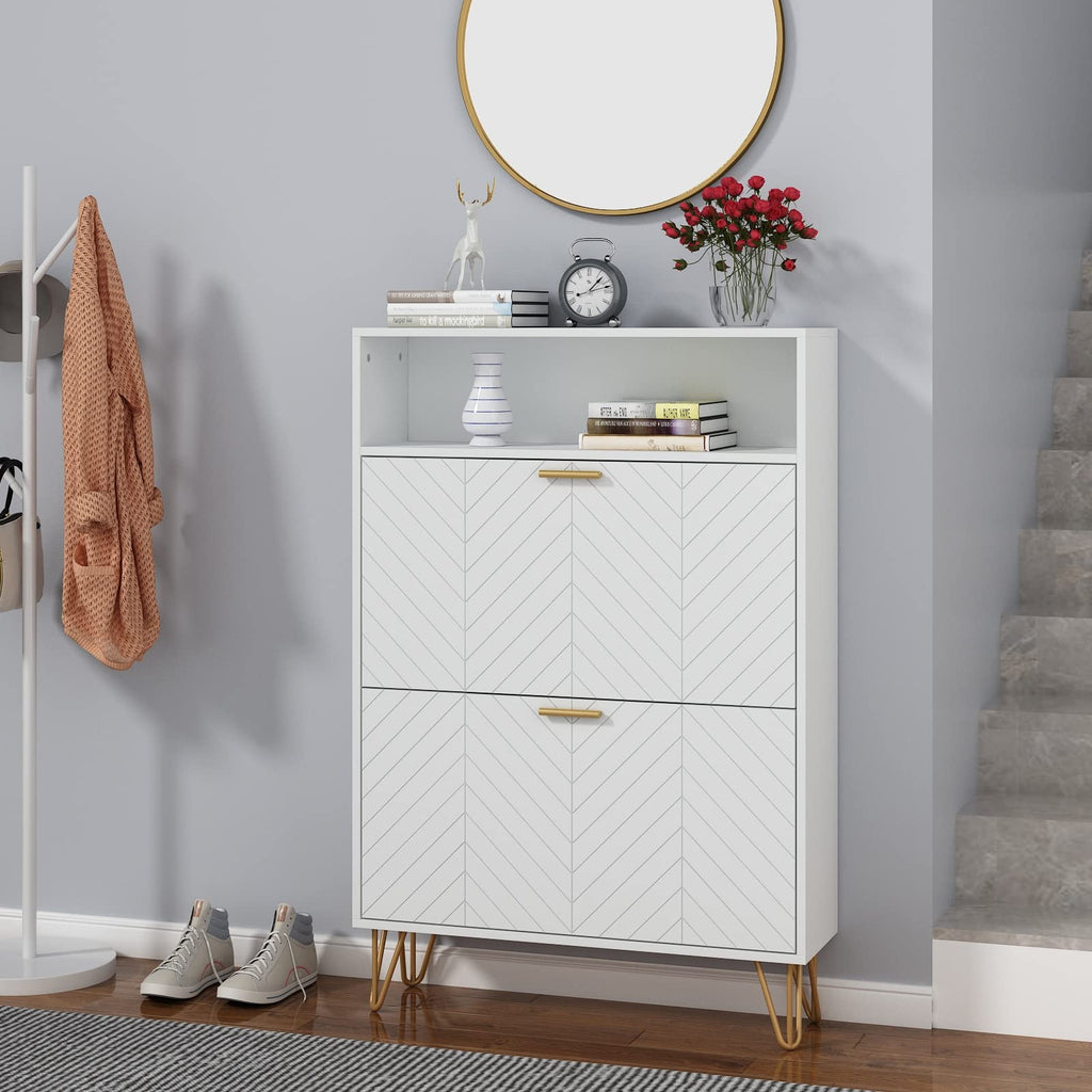 Auromie Tipping Bucket Shoe Storage Cabinet with 2 Flip Drawers, Modern Entryway Shoe Rack with Storage Top Cubby, Narrow Slim Hidden Organizer with Doors, Freestanding (Black)