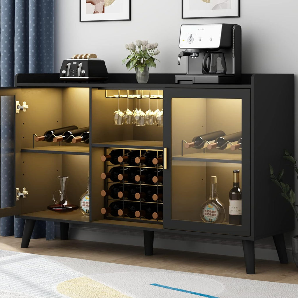 Auromie Wine Bar Cabinet with Led Light, Home Coffee Cabinet with Wine and Glass Rack, Kitchen Buffet Sideboard with Storage Shelves, Freestanding Liquor Cabinet for Living Room, Dining Room (Black)