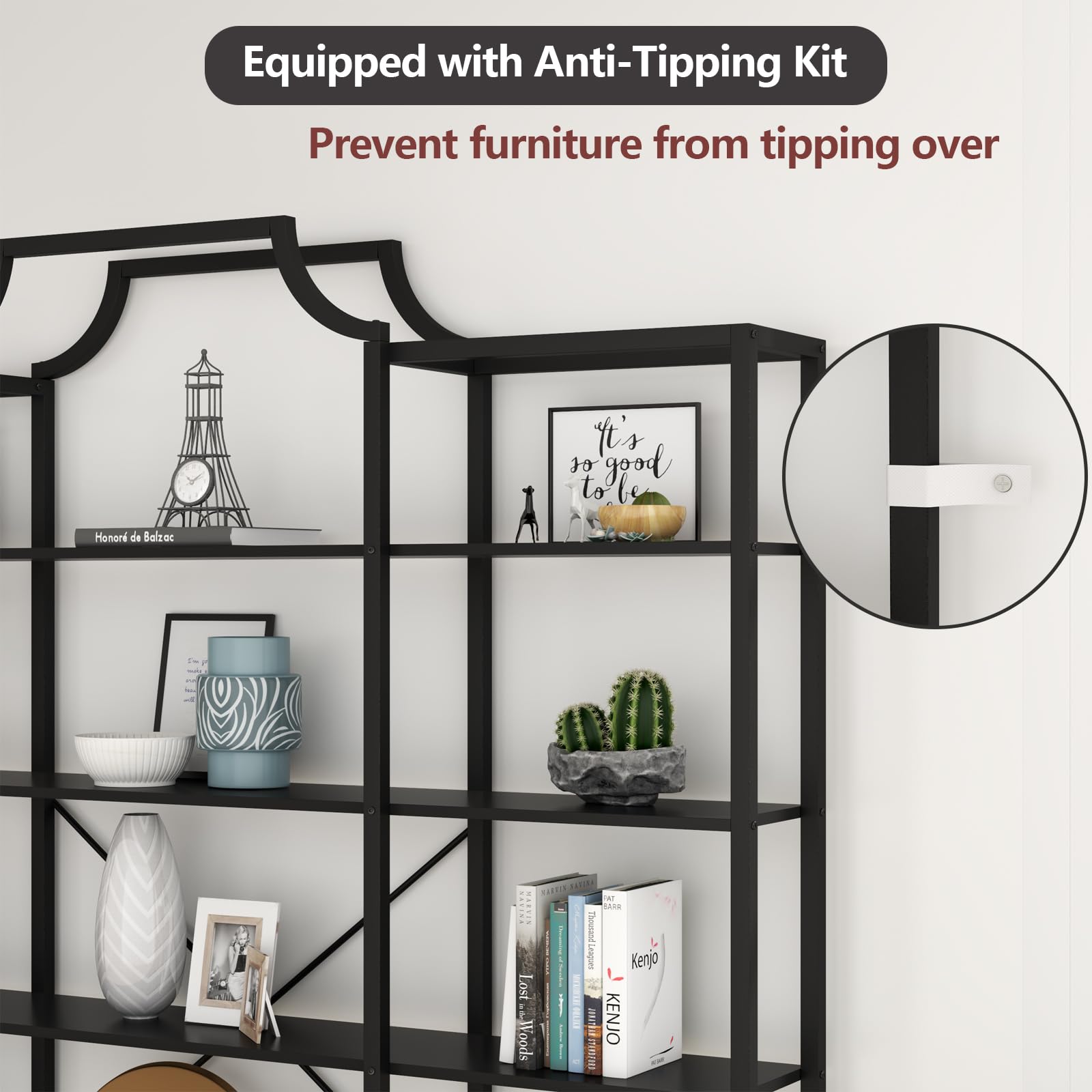 Auromie Triple Wide 5-Tier Bookshelf, 70.87" L x 79.13" H Extra Large Bookcase, Tall Open Etagere Display Shelf with Metal Frame, Freestanding Modern Storage Shelves for Home Office, Black&White