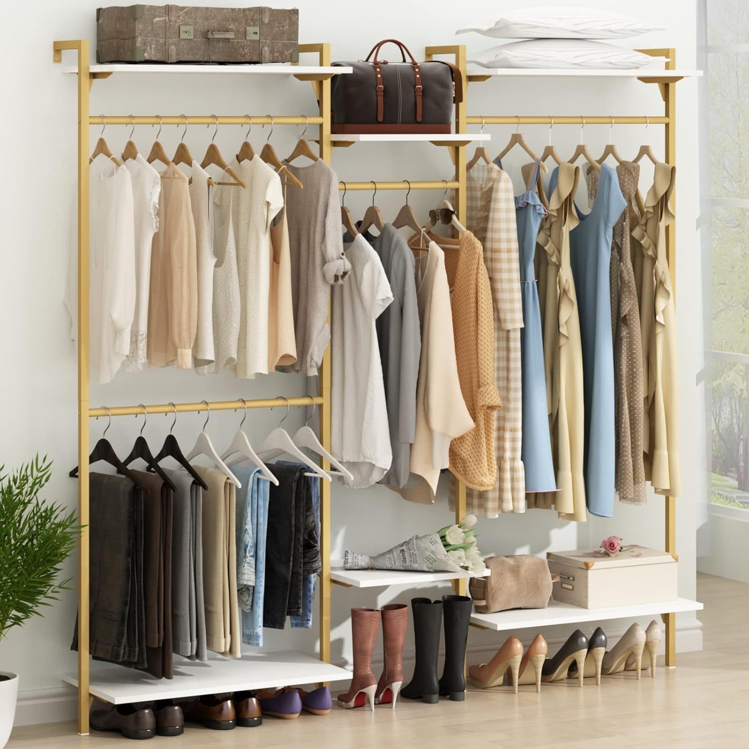 Gold Wall Mount Clothes Rack with 4 Hanging Rods, Clothing Rack with 6-Tier Adjustable Shelves, Closet Storage Organizer System Kit, Heavy Duty Garment Rack with Metal (80.43" L*78.62" H) (Gold)