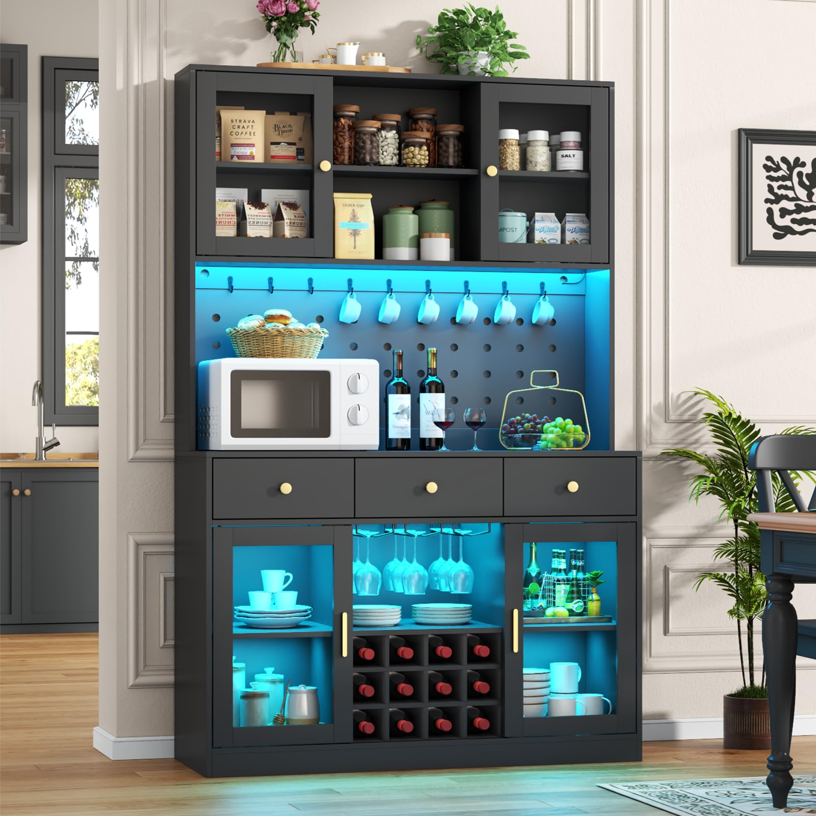 72" Tall Wine Bar Cabinet with Storage Hutch & Pegboard, Coffee Bar Cabinet with LED Lights, Modern Liquor Cabinets with 9-grid Wine & Glass Racks, Pantry Cabinet for Kitchen, Living Room (Black)