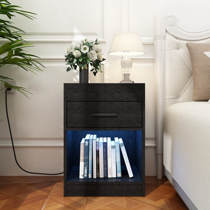 Auromie Nightstand with Charging Station and LED Lights, Concealment Furniture with RFID Lock Cabinet