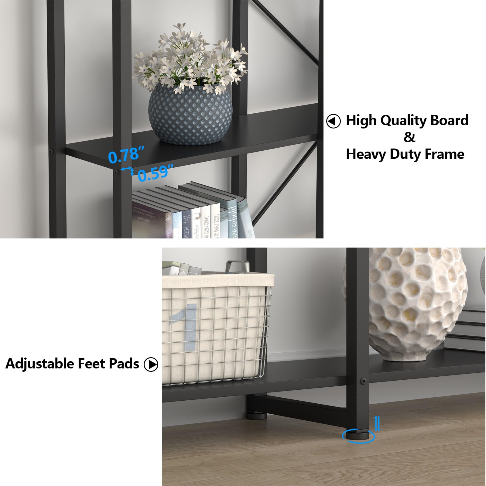 Auromie Triple Wide 5-Tier Bookshelf, 70.87" L x 79.13" H Extra Large Bookcase, Tall Open Etagere Display Shelf with Metal Frame, Freestanding Modern Storage Shelves for Home Office, Black&White