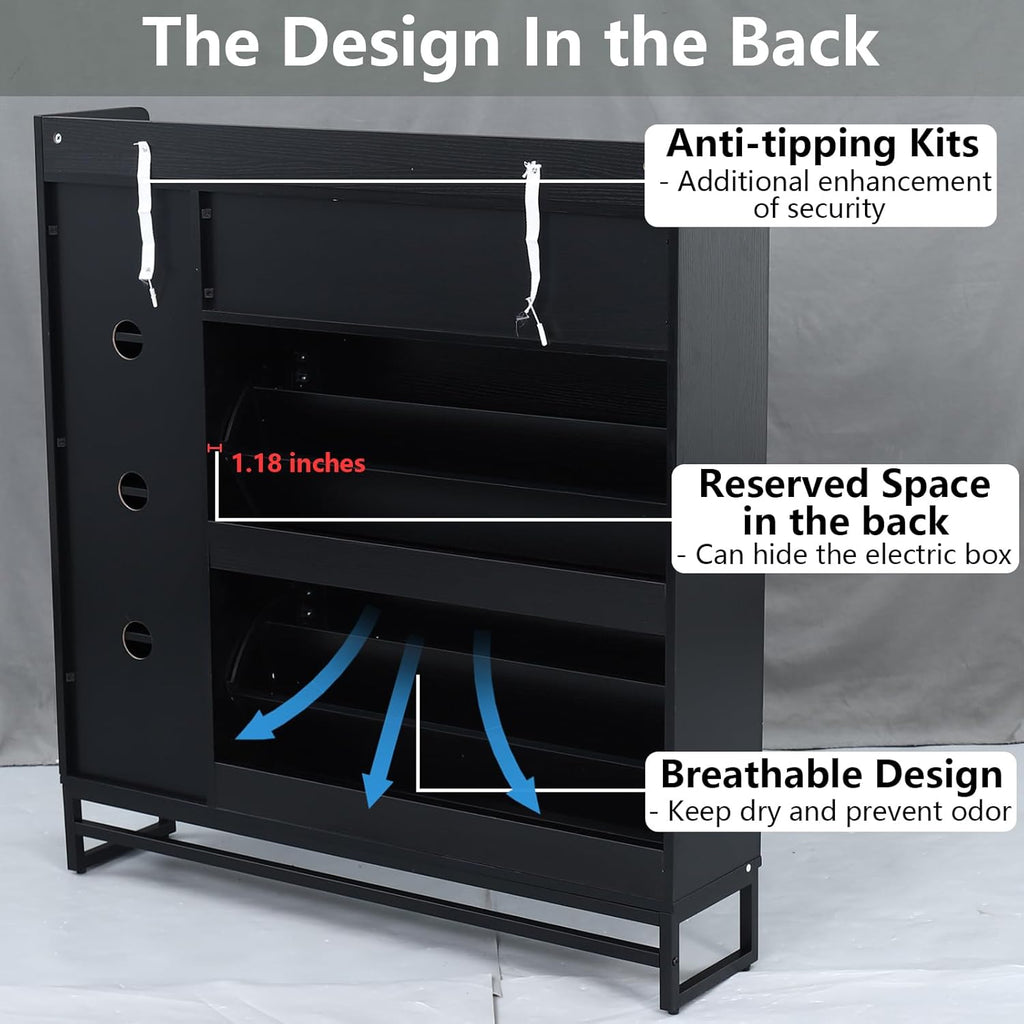 Auromie Free Standing Shoe Organizer with 2 Flip Drawers and Side Cabinet, Entryway Narrow Shoe Storage with Door for Hallway and Living Room (Black Plus)