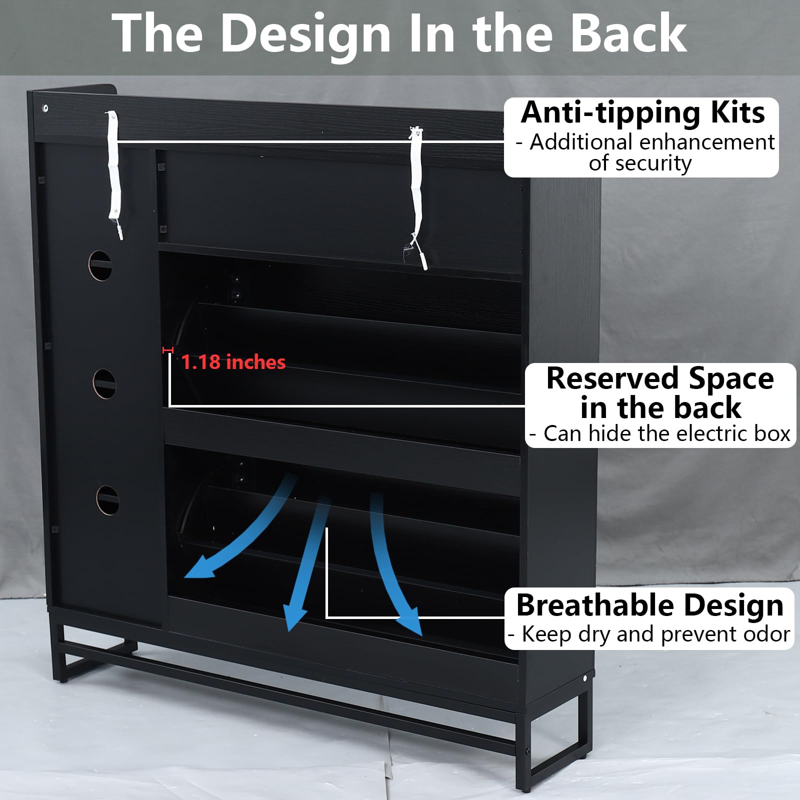 Auromie Rustic Plus: Free Standing Shoe Organizer with 2 Flip Drawers and Adjustable Side Cabinet for Narrow Entryway and Living Room