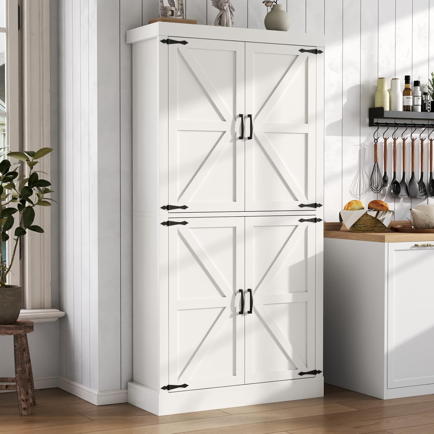 Farmhouse Kitchen Pantry Cabinet,69.1" Tall Kitchen Storage Cabinet with Adjustable Shelves,Modern Bathroom Storage Cabinets,Freestanding Floor Cabinets Cupboard for Living Room,Dining Room (White)