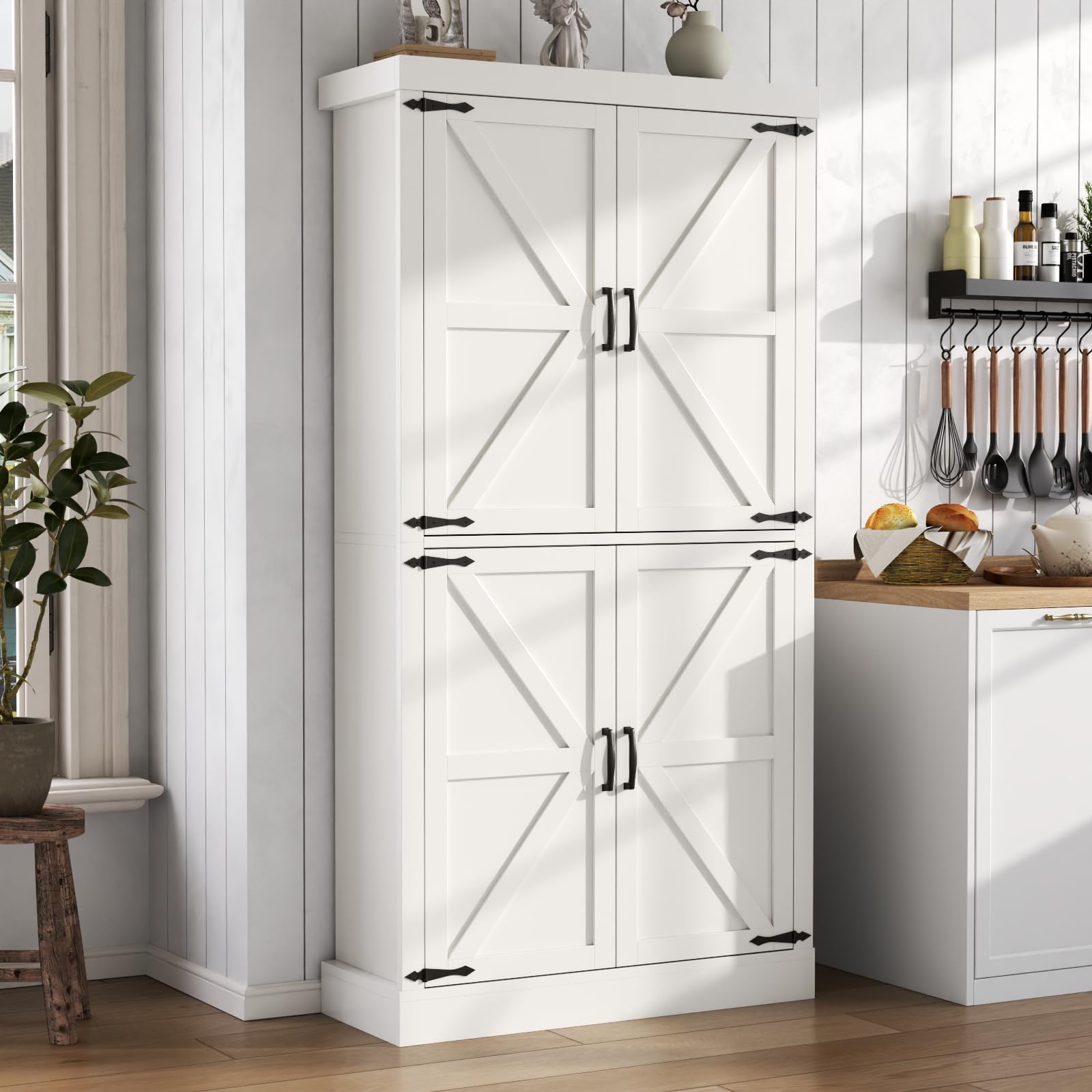 Farmhouse Kitchen Pantry Cabinet,69.1" Tall Kitchen Storage Cabinet with Adjustable Shelves,Modern Bathroom Storage Cabinets,Freestanding Floor Cabinets Cupboard for Living Room,Dining Room (White)