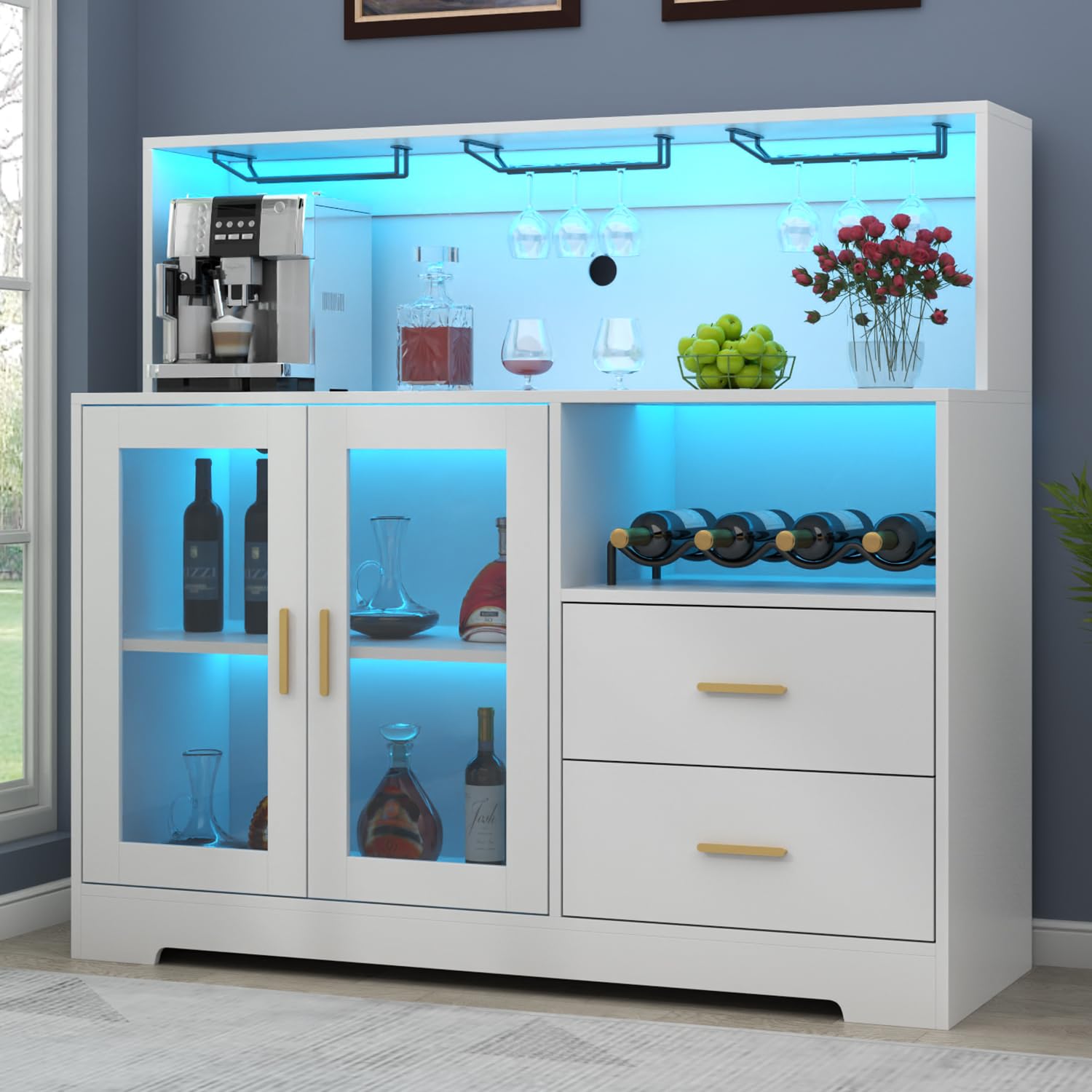 Bar Cabinet for Home with LED Light, Coffee Bar Cabinet with Wine & Glass Rack, Wine Cabinets with Drawers & Microwave Stand, Modern Liquor Cabinets for Kitchen, Living Room, Dining Room (Black)