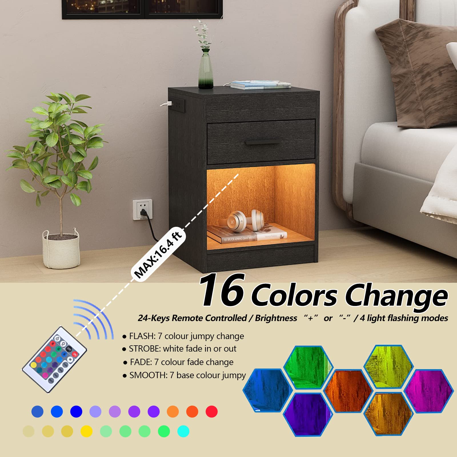 Auromie Nightstand with Charging Station and LED Lights, Concealment Furniture with RFID Lock Cabinet and Power Outlets, Bedside Table with Hidden Compartment for Valuables Storage, Black