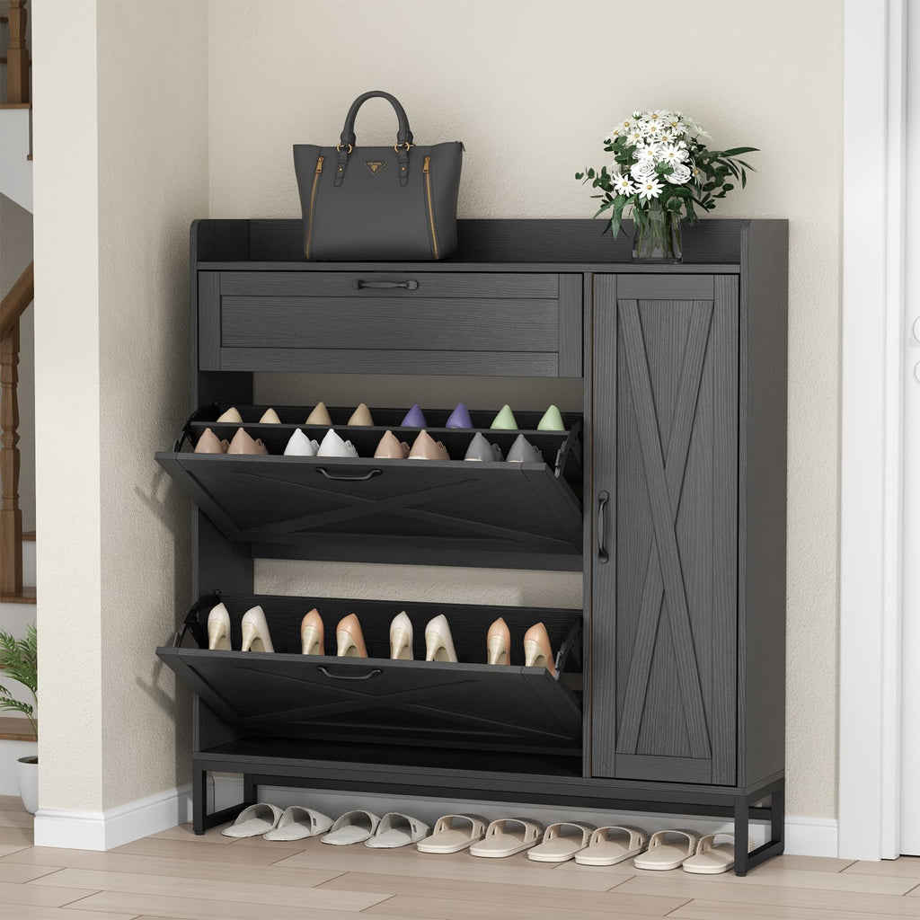 Auromie Rustic Plus: Free Standing Shoe Organizer with 2 Flip Drawers and Adjustable Side Cabinet for Narrow Entryway and Living Room