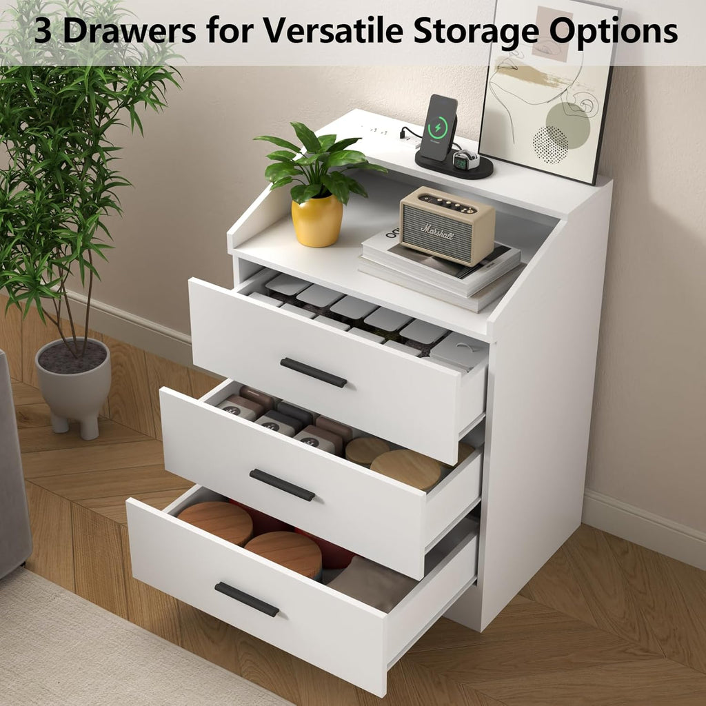 Nightstand with Charging Station and LED Lights, White Nightstand with Drawers, End Side Table with Open Storage Cubby, Modern Bedside Table for Bedroom, Night Stand Organizer Living Room (3 Drawers)