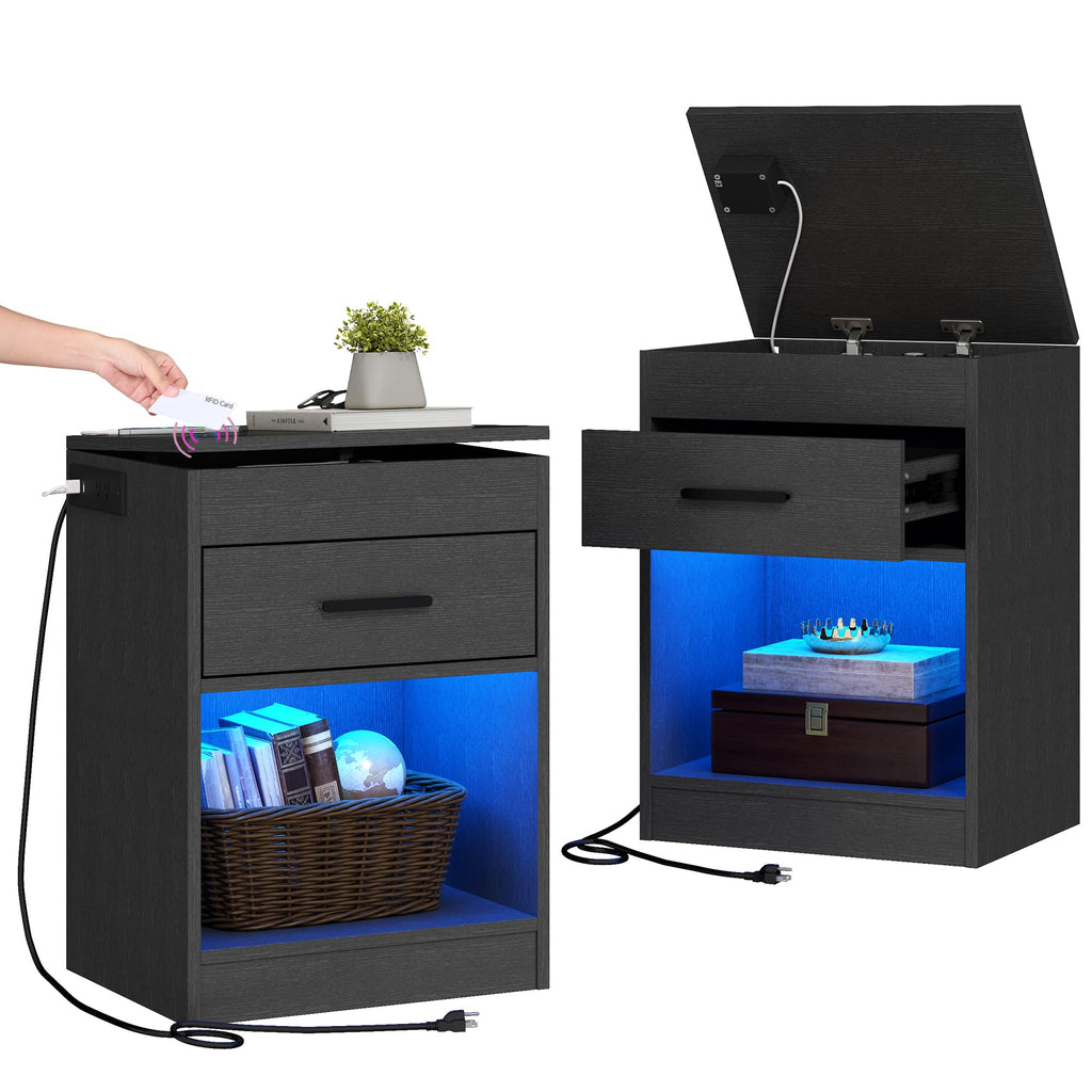 Auromie Nightstand with Charging Station and LED Lights, Concealment Furniture with RFID Lock Cabinet and Power Outlets, Bedside Table with Hidden Compartment for Valuables Storage, Black
