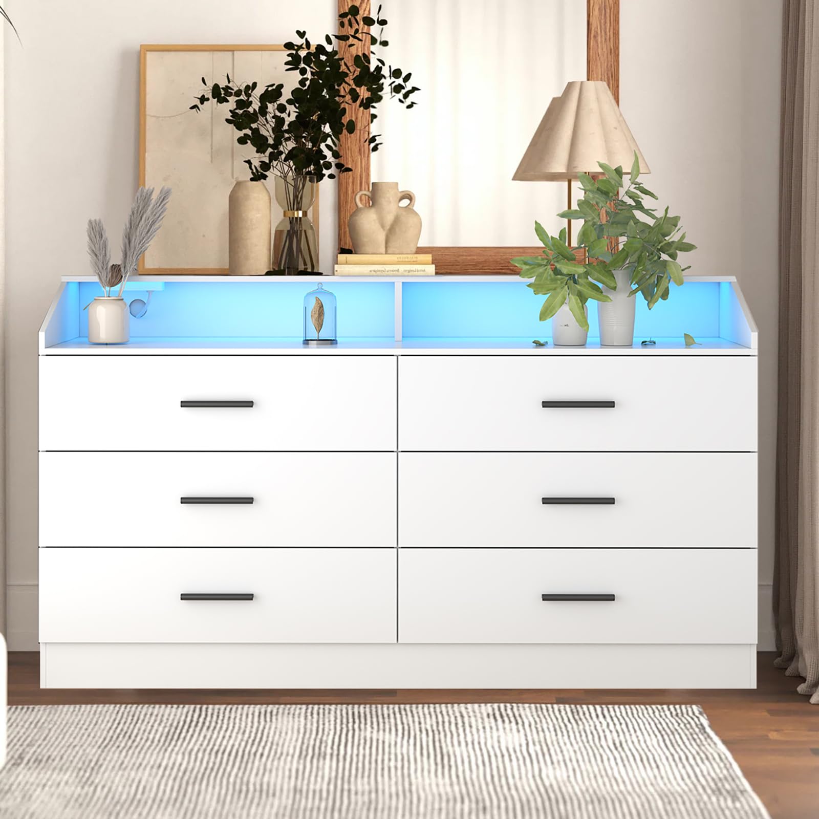 9 Drawers Dresser, Dresser for Bedroom with Power Outlet, Modern Chest of Drawers with LED Light, Storage Dressers with Open Storage Cubby, Dressers Organizer for Closet, Entryway, Living Room, White