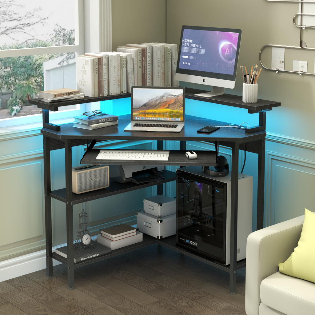 Auromie Corner Desk with Charging Station & LED Light, Triangle Corner Desk with Monitor Stand & Keyboard Tray