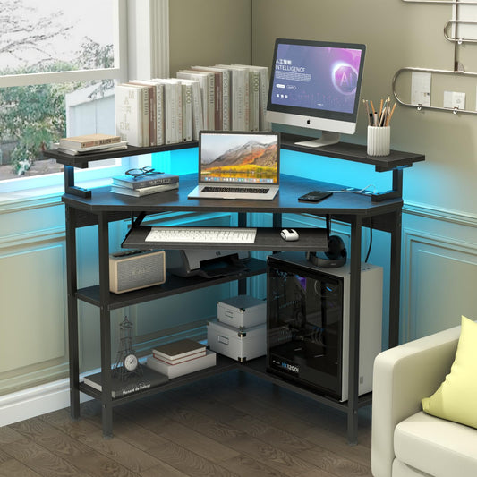 Auromie Corner Desk with Charging Station & LED Light, Triangle Corner Desk with Monitor Stand & Keyboard Tray