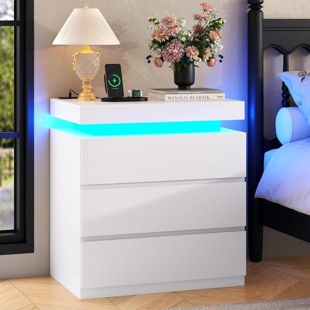 Nightstand with Charging Station and LED Lights, Night Stand with 3 Storage Drawers, Modern Bedside Table for Bedroom, End Side Table for Living Room (White)