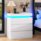 Nightstand with Charging Station and LED Lights, Night Stand with 3 Storage Drawers, Modern Bedside Table for Bedroom, End Side Table for Living Room (White)