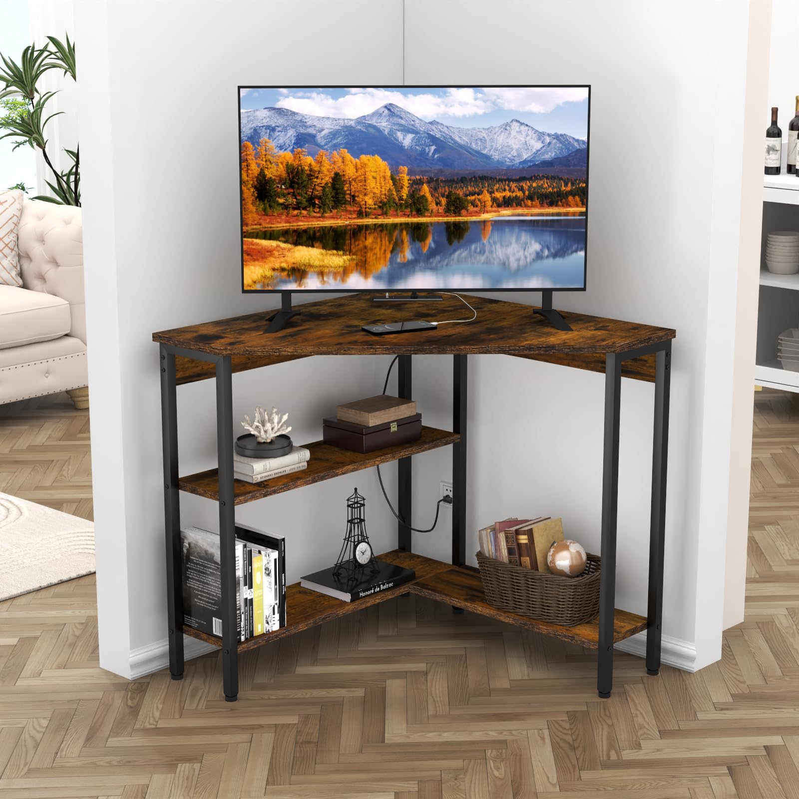 Auromie Corner Desk with Charging Station & LED Light, Triangle Corner Desk with Monitor Stand & Keyboard Tray