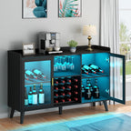 Auromie Wine Bar Cabinet with Led Light, Home Coffee Cabinet with Wine and Glass Rack, Kitchen Buffet Sideboard with Storage Shelves, Freestanding Liquor Cabinet for Living Room, Dining Room (Black)