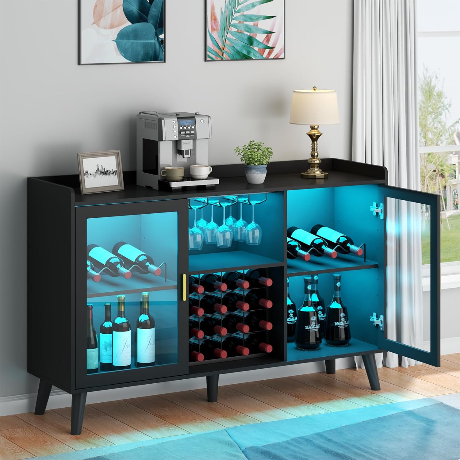 Auromie Wine Bar Cabinet with Led Light, Home Coffee Cabinet with Wine and Glass Rack, Kitchen Buffet Sideboard with Storage Shelves, Freestanding Liquor Cabinet for Living Room, Dining Room (Black)