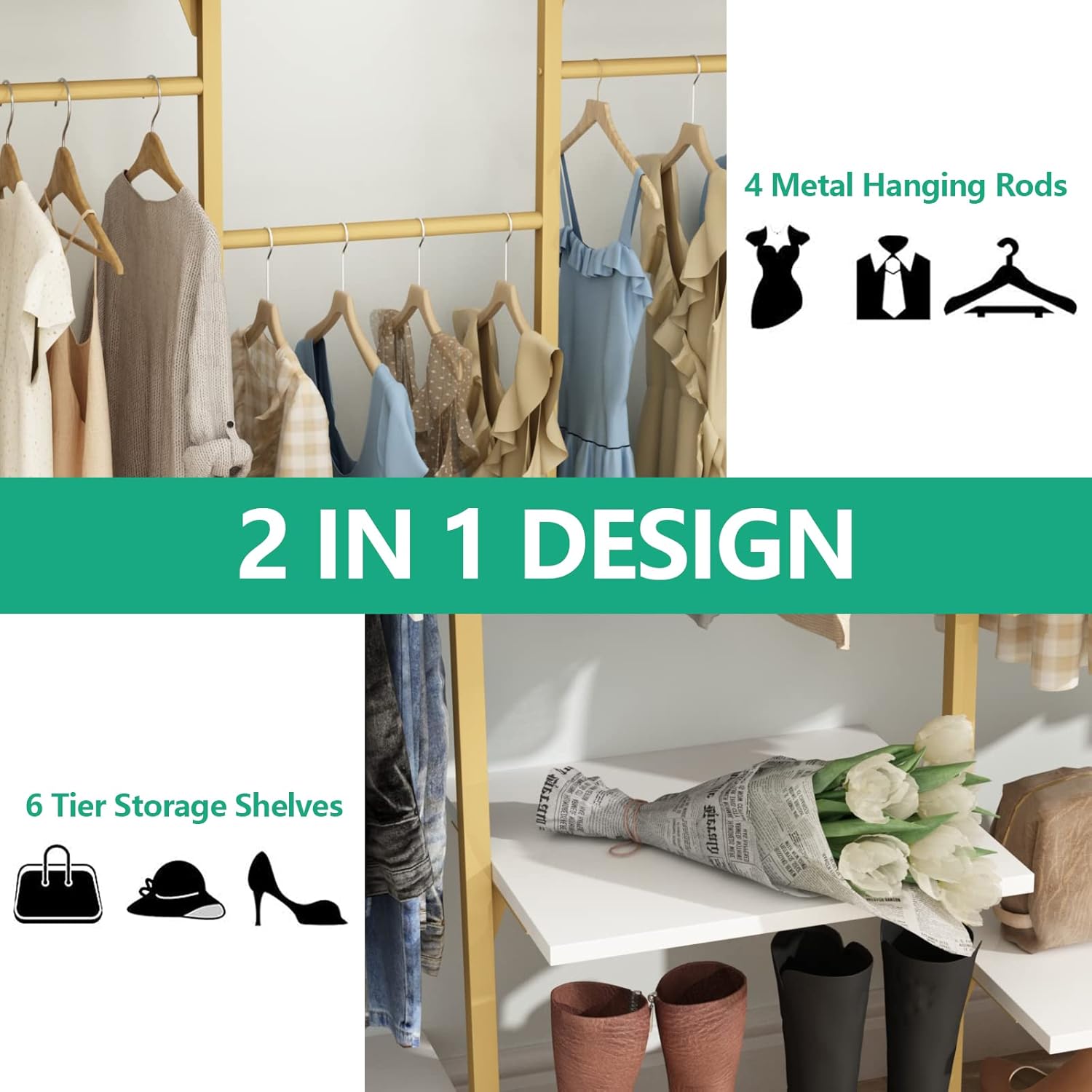 Gold Wall Mount Clothes Rack with 4 Hanging Rods, Clothing Rack with 6-Tier Adjustable Shelves, Closet Storage Organizer System Kit, Heavy Duty Garment Rack with Metal (80.43" L*78.62" H) (Gold)