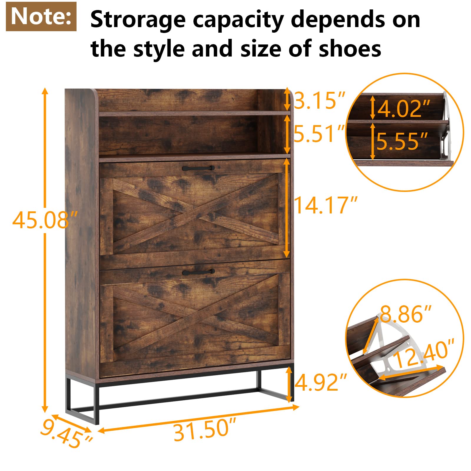 Auromie Rustic Plus: Free Standing Shoe Organizer with 2 Flip Drawers and Adjustable Side Cabinet for Narrow Entryway and Living Room