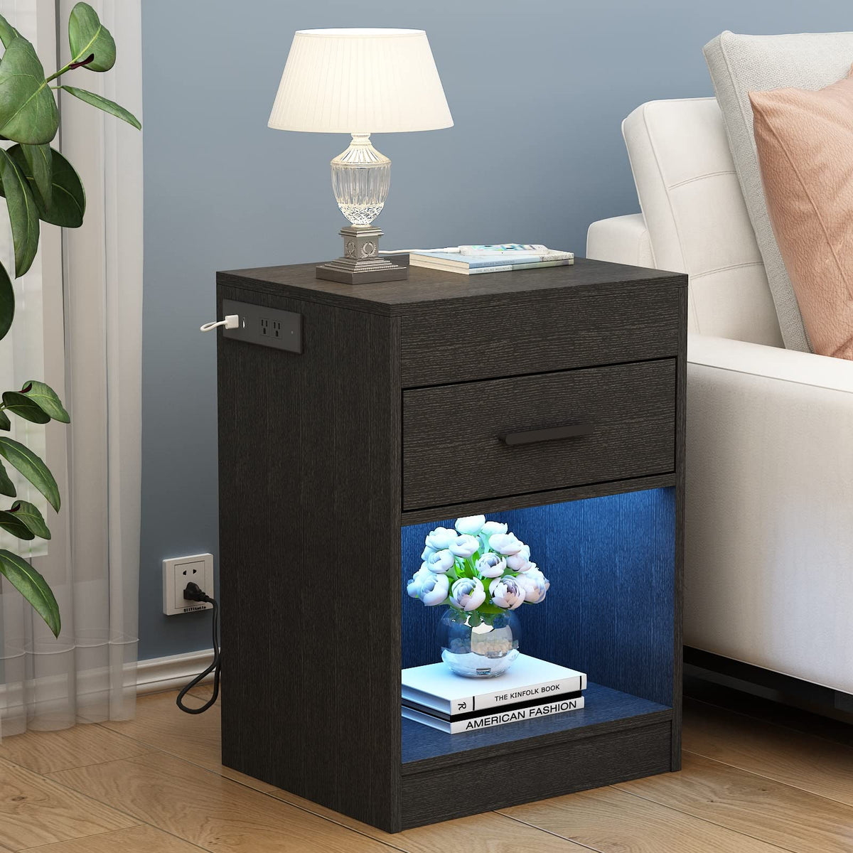 Auromie Nightstand with Charging Station and LED Lights, Concealment Furniture with RFID Lock Cabinet