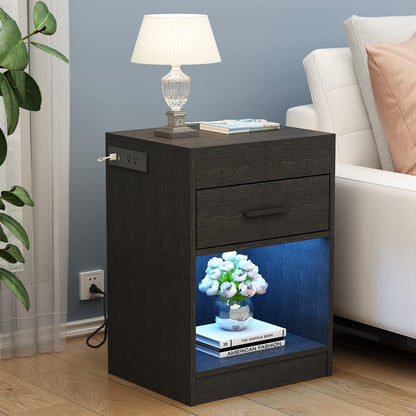 Auromie Nightstand with Charging Station and LED Lights, Concealment Furniture with RFID Lock Cabinet