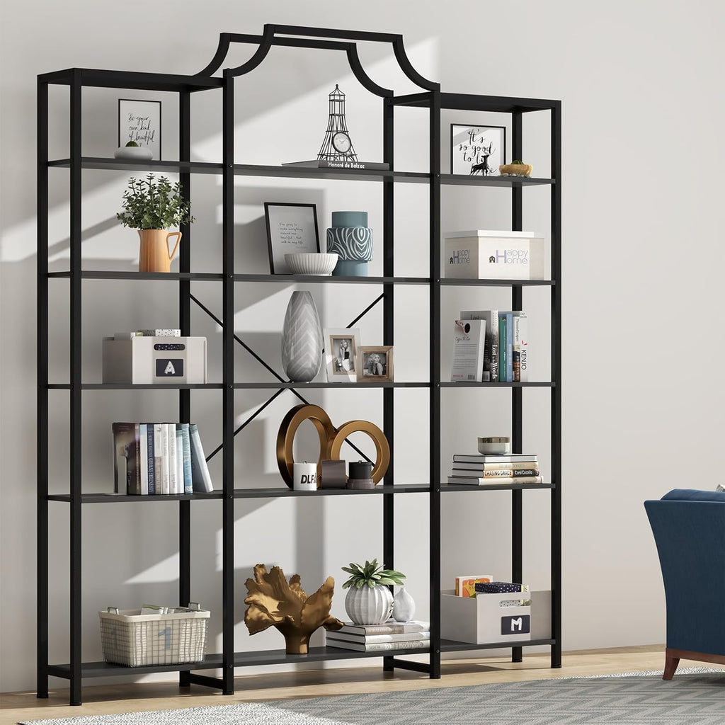 Auromie Triple Wide 5-Tier Bookshelf, 70.87" L x 79.13" H Extra Large Bookcase, Tall Open Etagere Display Shelf with Metal Frame, Freestanding Modern Storage Shelves for Home Office (Black)