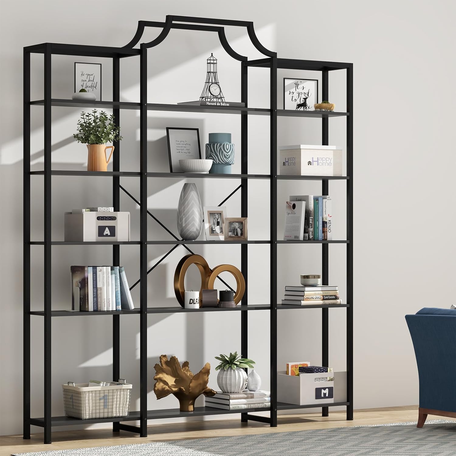 Auromie Triple Wide 5-Tier Bookshelf, 70.87" L x 79.13" H Extra Large Bookcase, Tall Open Etagere Display Shelf with Metal Frame, Freestanding Modern Storage Shelves for Home Office (Black)