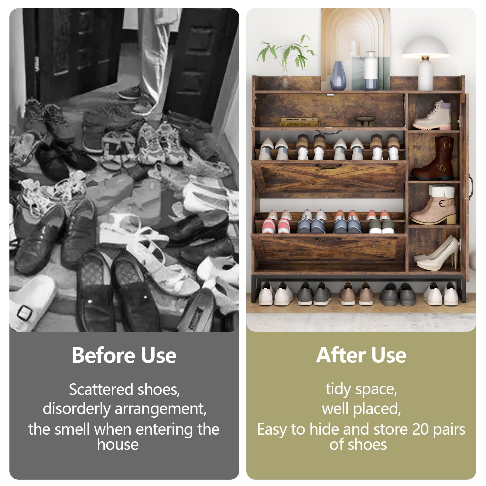 Auromie Rustic Plus: Free Standing Shoe Organizer with 2 Flip Drawers and Adjustable Side Cabinet for Narrow Entryway and Living Room