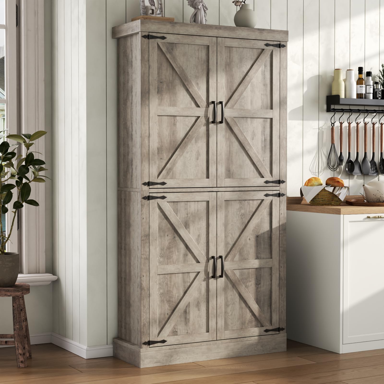 Farmhouse Kitchen Pantry Cabinet,69.1" Tall Kitchen Storage Cabinet with Adjustable Shelves