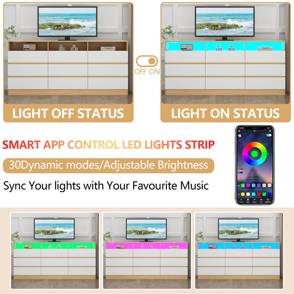 Auromie 9 Drawers Dresser, Double Modern Chest of Drawers with Power Outlet, Dresser TV Stand with Led Light Strip, Drawer Organizer for Bedroom, Living Room, Hallway (White, 9 Drawer)