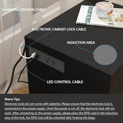 Auromie Nightstand with Charging Station and LED Lights, Concealment Furniture with RFID Lock Cabinet