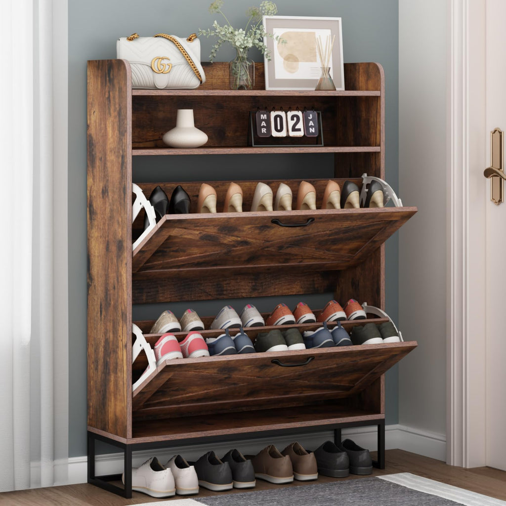 Auromie Rustic Plus: Free Standing Shoe Organizer with 2 Flip Drawers and Adjustable Side Cabinet for Narrow Entryway and Living Room