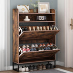 Auromie Rustic Plus: Free Standing Shoe Organizer with 2 Flip Drawers and Adjustable Side Cabinet for Narrow Entryway and Living Room