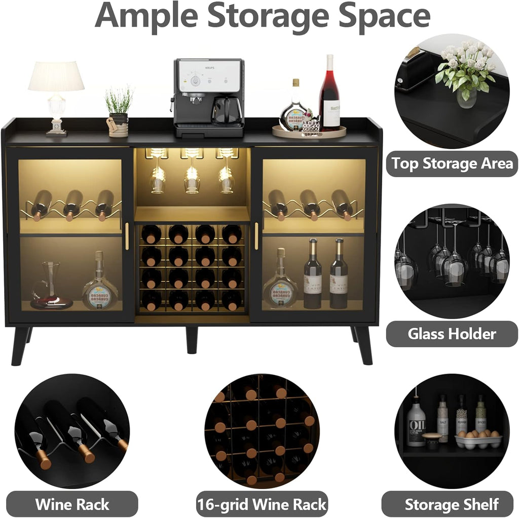 Auromie Wine Bar Cabinet with Led Light, Home Coffee Cabinet with Wine and Glass Rack, Kitchen Buffet Sideboard with Storage Shelves, Freestanding Liquor Cabinet for Living Room, Dining Room (Black)