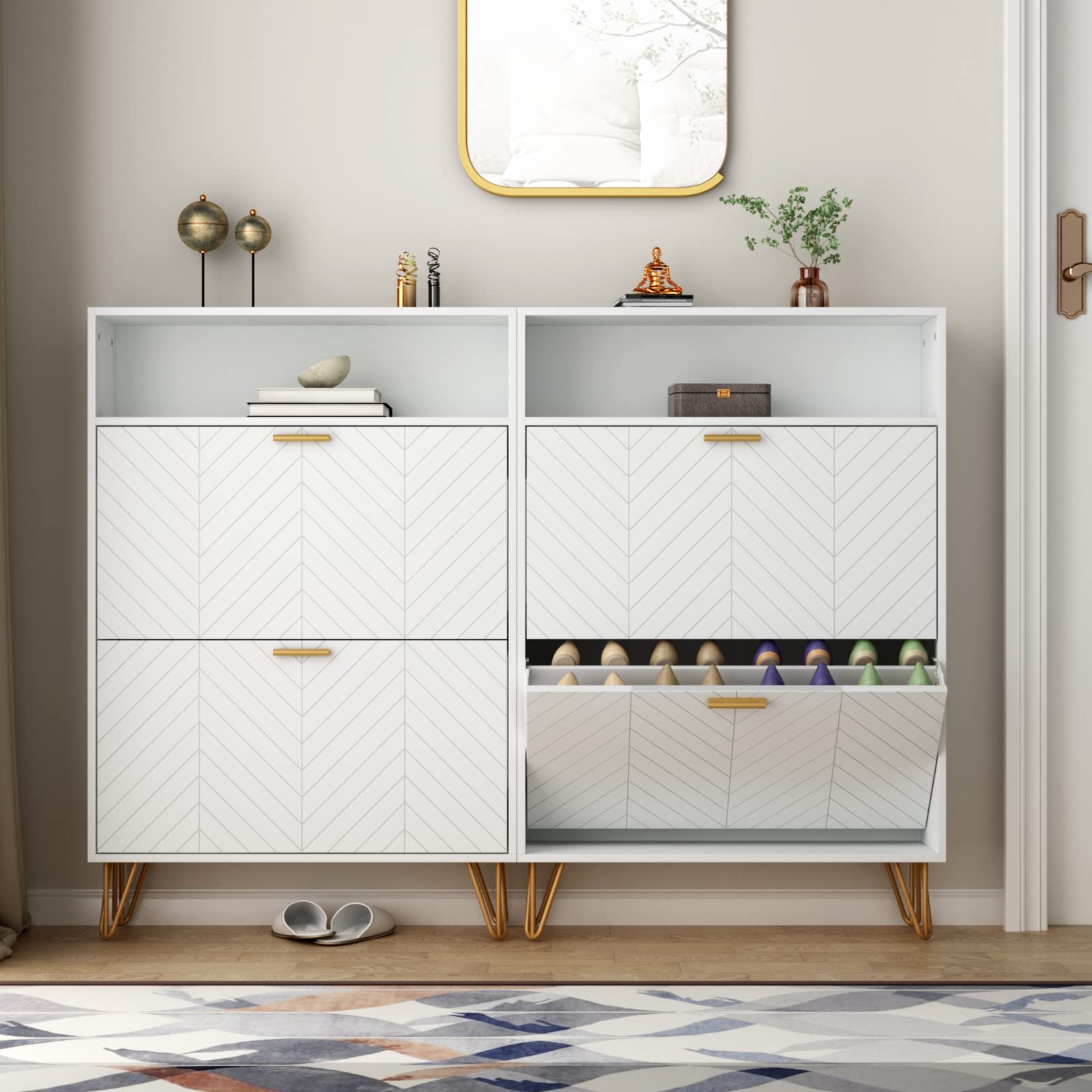 Auromie Tipping Bucket Shoe Storage Cabinet with 2 Flip Drawers, Modern Entryway Shoe Rack with Storage Top Cubby, Narrow Slim Hidden Organizer with Doors, Freestanding (Black)