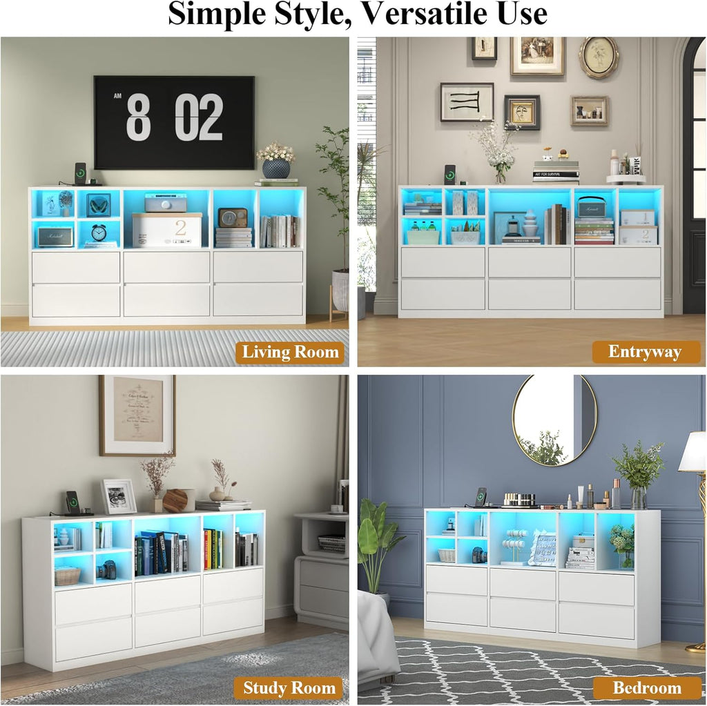 TV Stand with 6 Drawers & 7 Storage Cubbies, LED Lights Entertainment Center with Power Outlet, 63" TV Cabinet with Adjustable Open Storage Shelf, Modern TV Media Console for Living Room (White)