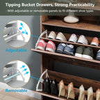 Auromie Rustic Plus: Free Standing Shoe Organizer with 2 Flip Drawers and Adjustable Side Cabinet for Narrow Entryway and Living Room