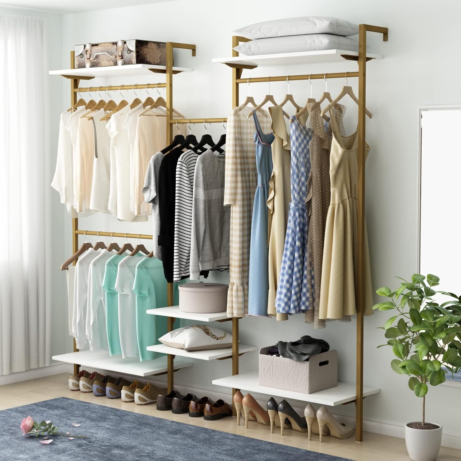 Gold Wall Mount Clothes Rack with 4 Hanging Rods, Clothing Rack with 6-Tier Adjustable Shelves, Closet Storage Organizer System Kit, Heavy Duty Garment Rack with Metal (80.43" L*78.62" H) (Gold)