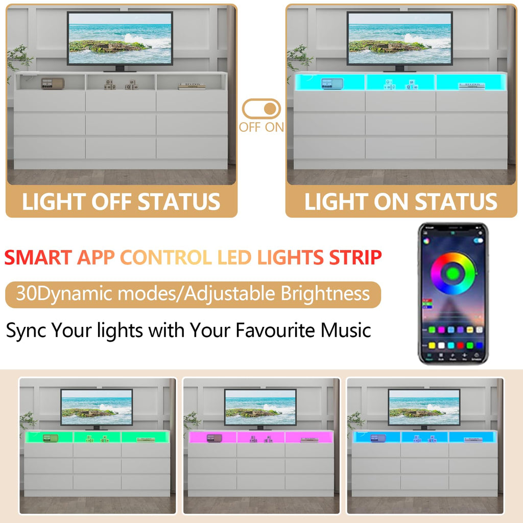 Led Drawer System Auromie 9 Drawers Dresser, Double Modern Chest of Drawers with Power O