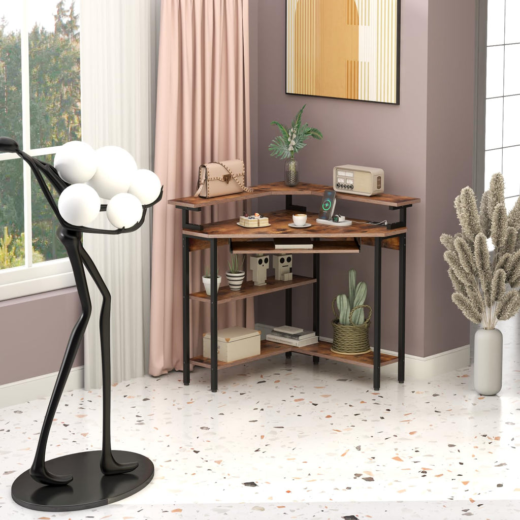 Auromie Corner Desk with Charging Station & LED Light, Triangle Corner Desk with Monitor Stand & Keyboard Tray
