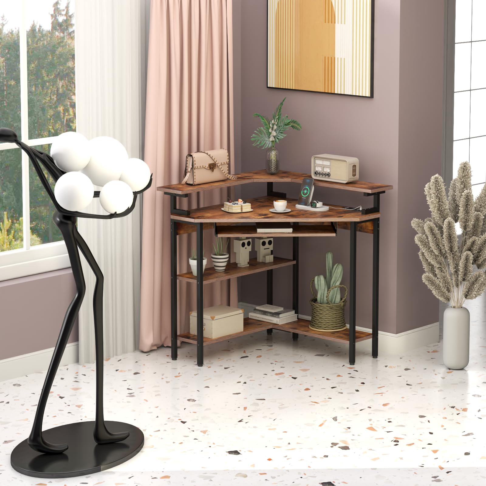 Auromie Corner Desk with Charging Station & LED Light, Triangle Corner Desk with Monitor Stand & Keyboard Tray